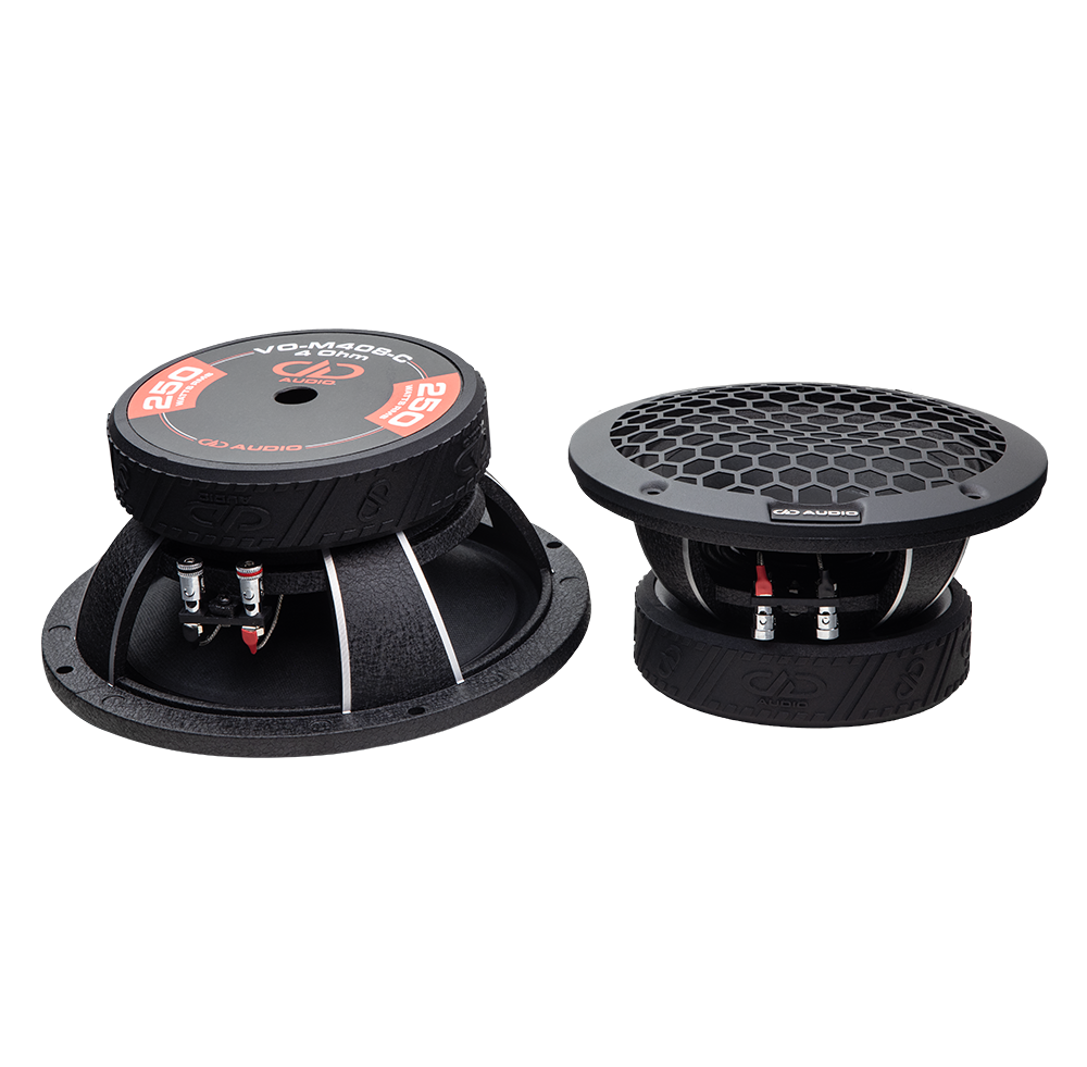 Photo of VO-M408-C Midrange Pair - on shot back to front to show motor with boot and textured cast frame, the other top to bottom showing mesh grill and push leads