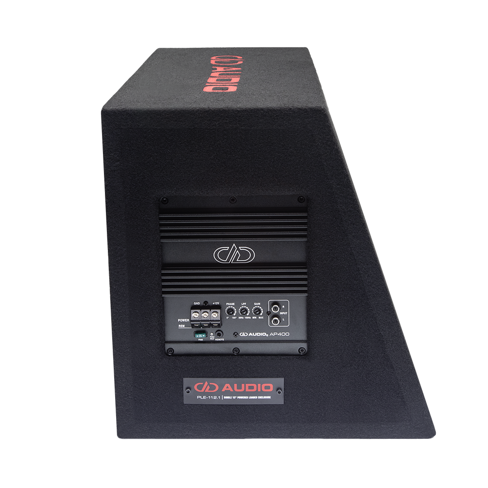 Photo showing PLE-112.1 enclosure from side with integrated AP400 Monoblock Amplifier - featuring the logo and controls