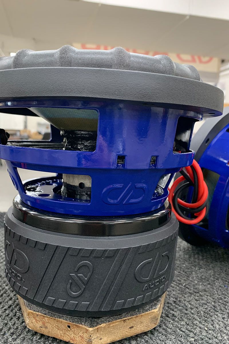 two 8 inch made in usa subwoofers with blue powder coated frames