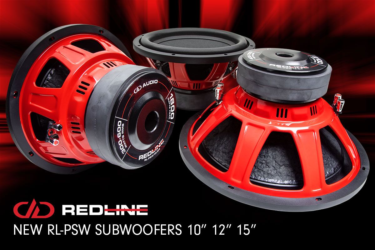 Photo Graphic showing DD REDLINE - New RL-PSW Subwooofers 10", 12", and 15"