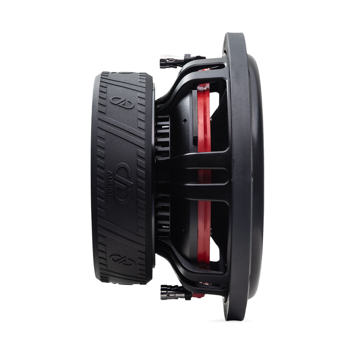 Photo of two VO-M208s; one angled bottom up, to show the frame, motor, boot and backplate sticker - "VO-M208, 4 Ohm, 150 Watts RMS, DD AUDIO"; the other angled to show cone, dustcap, and part of motor