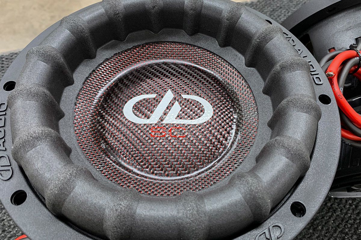 made in usa 8 inch subwoofer with ruby red composite cone and dust cap with white DD logo and white supercharged logo