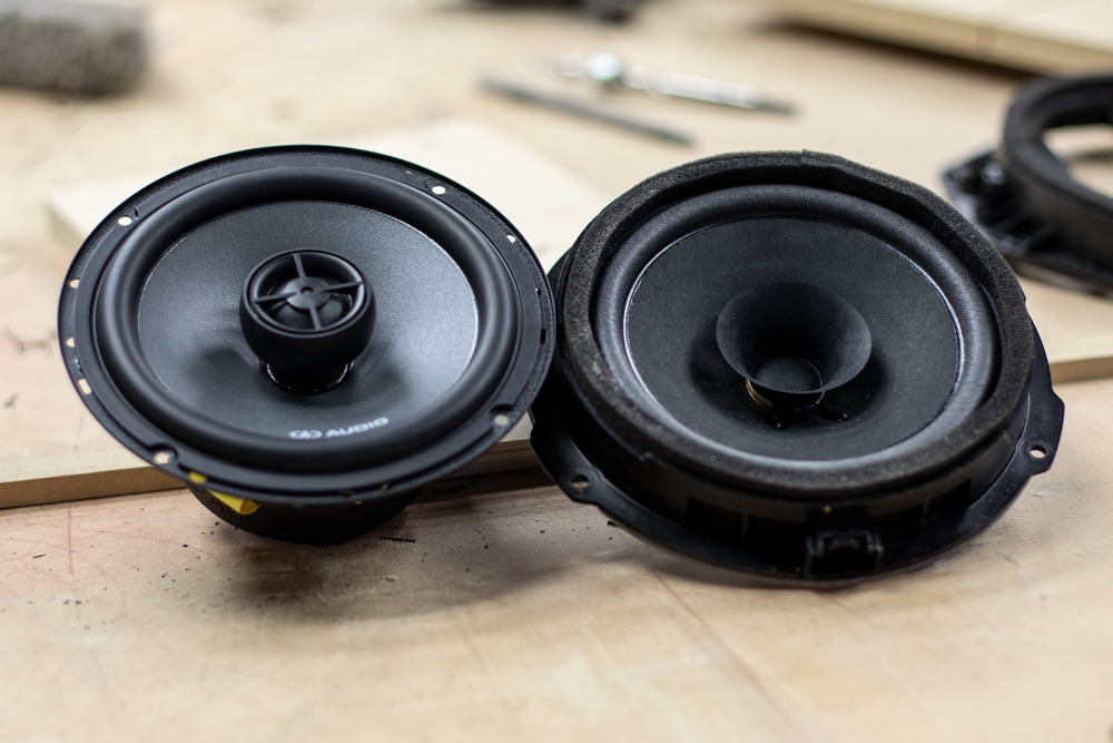 Side by Side comparison of OEM Door Speakers vs DX6.5 - Front - Surround and Cone
