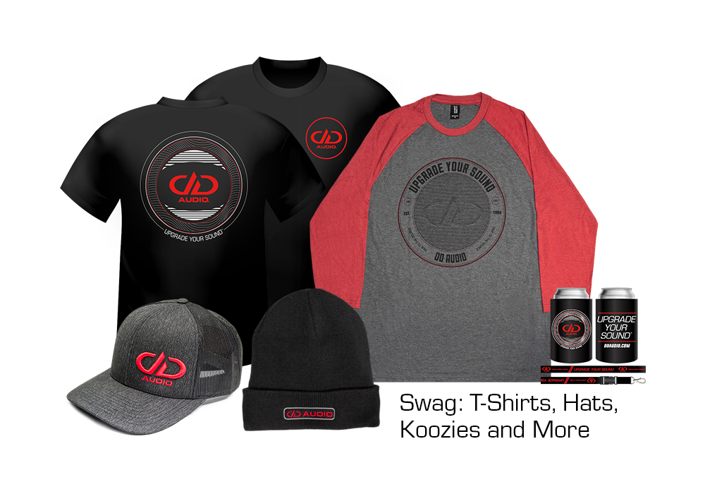 UYS Shirt, DD Audio Hat and Beanie, UYS Baseball Raglan and Swag Pack Grouped