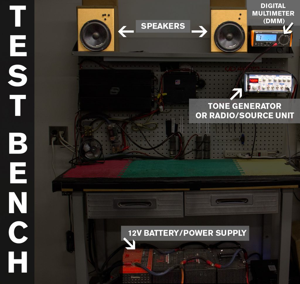 Test Bench - Speakers, DMM, Tone Generator or Source unit, 12V Battery Power Supply