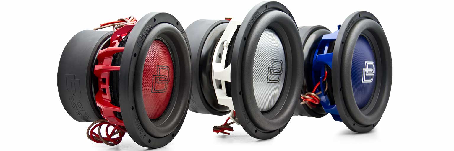 Three Custom DD Subwoofers Side By Side - Red, White, Blue