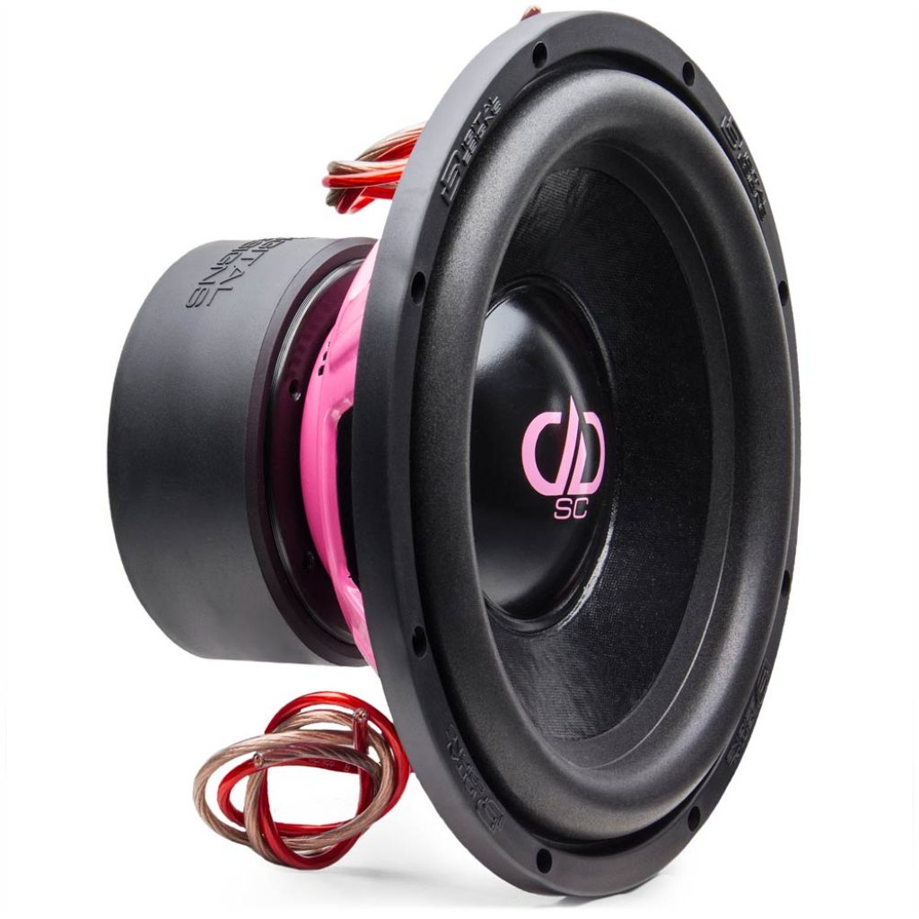 custom built, USA subwoofer, black dust cap, paper cone, pink frame, pink logo, supercharged