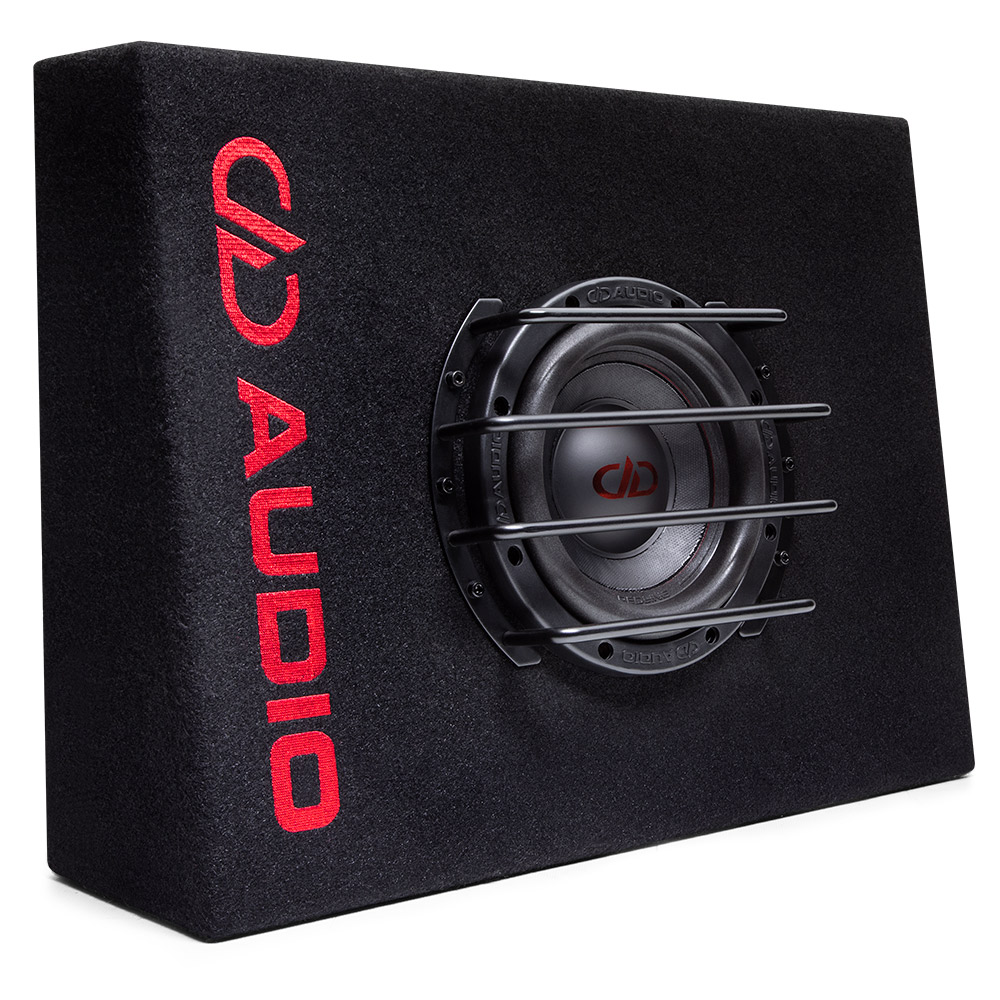 LE-ST06 Loaded Enclosure for tight spaces, angled right to show full front with DD AUDIO Embroidered logo