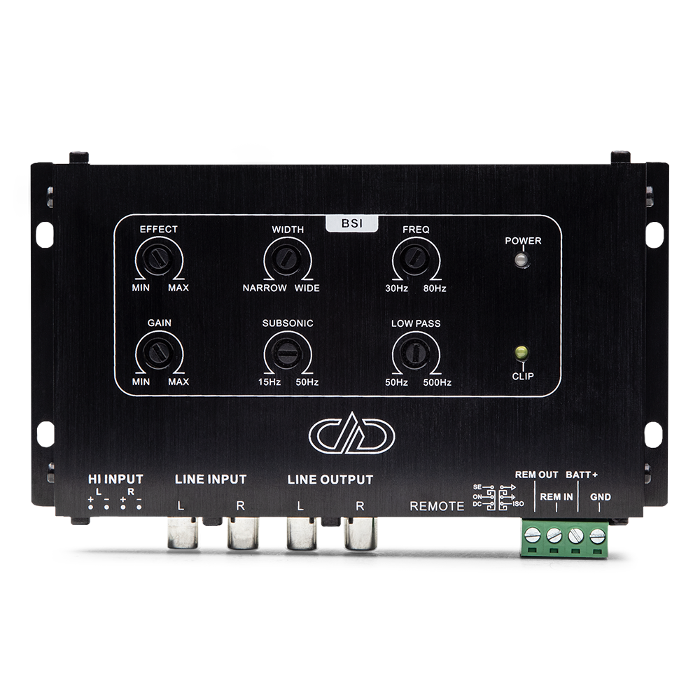 Photo of BSI - bass signal integrator showing top with settings and side with inputs