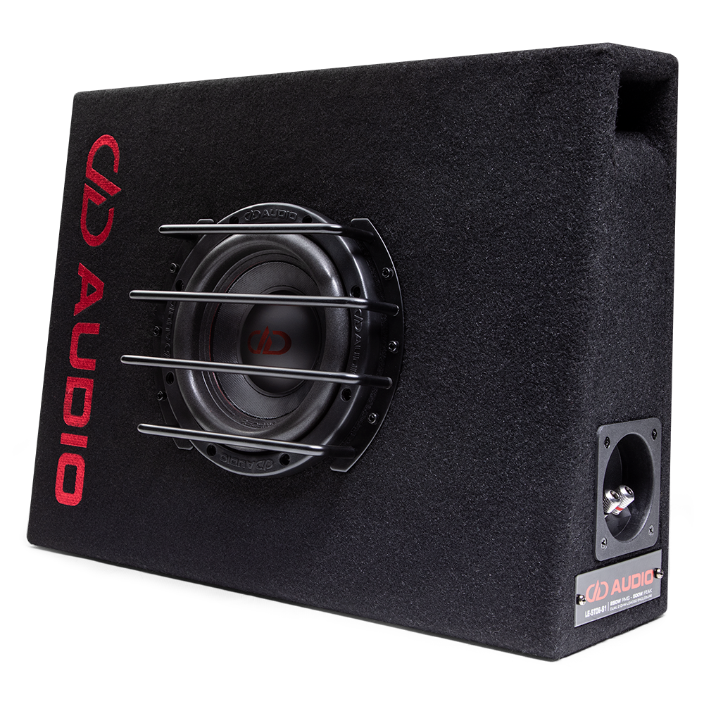 LE-ST06 Loaded Enclosure for tight spaces, angled left to show full front with DD AUDIO Embroidered logo and part of the side port and connectors
