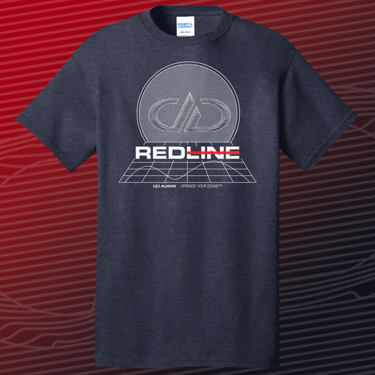 REDLINE T-Shirt - Navy Heather with DD REDLINE Design showing logo and wave graphics