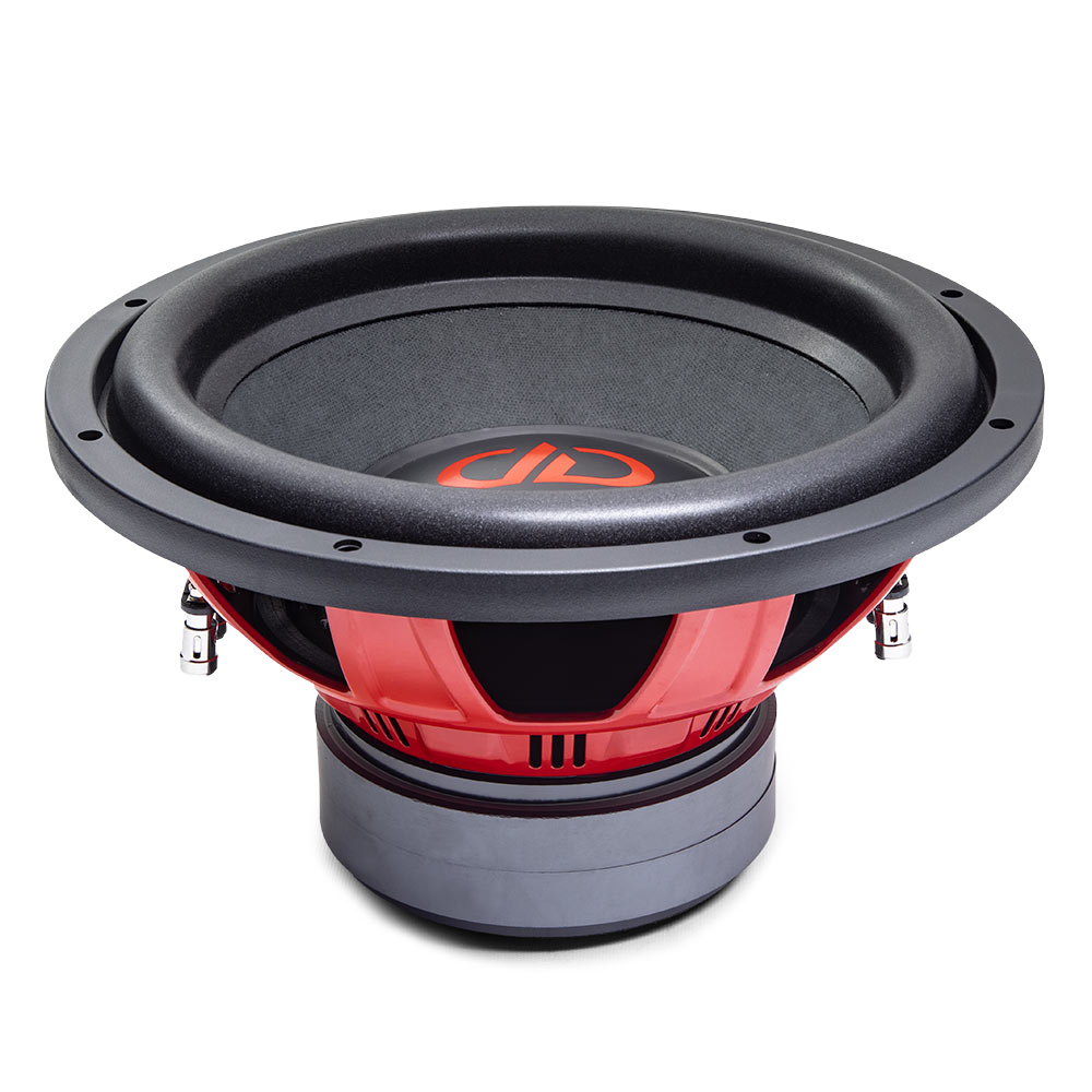 Photo of RL-PSW12 - 12 Inch Power Tuned - REDLINE - Subwoofer - Angled Top to Bottom with Tilt Showing Cone and Dustcap Down to Motor and Basket