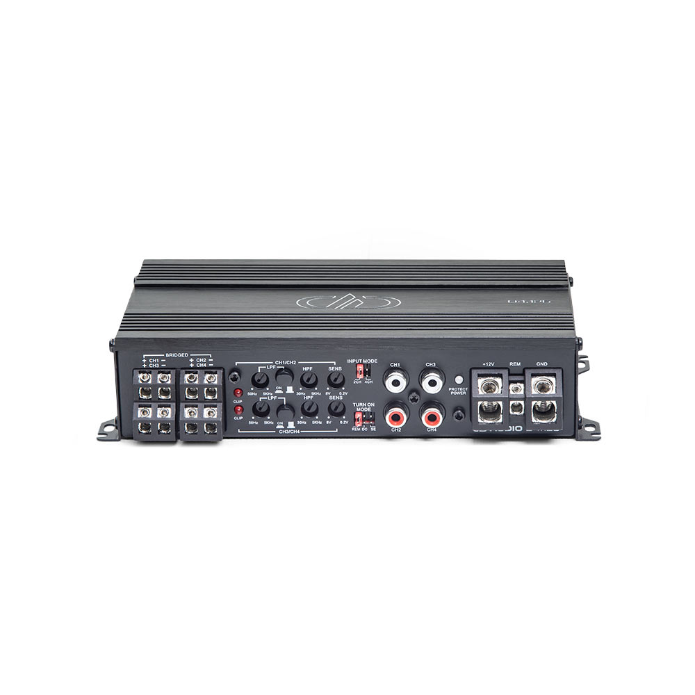 D4.125 4ch 800 watt amplifier control panel and heatsink view