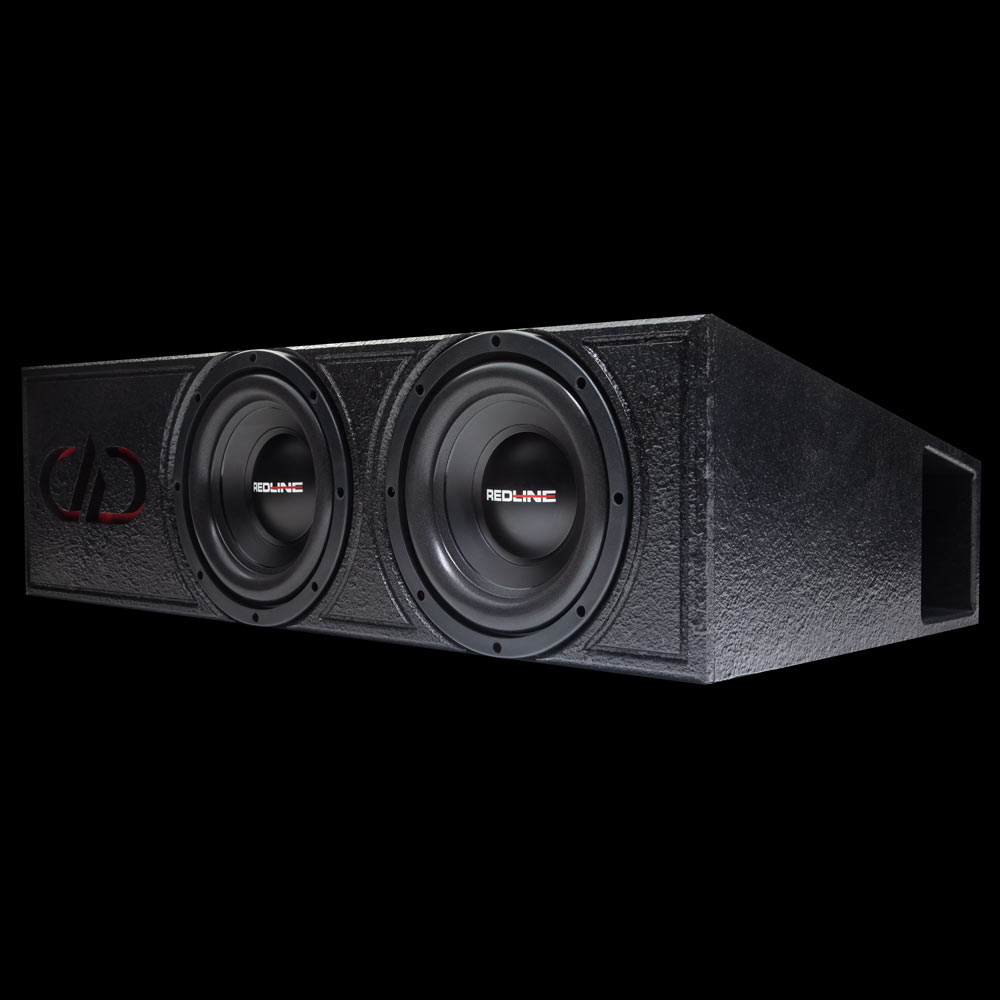 PLE SW08.2 Photo front facing angled left back to show port, two SW08 subwoofers and logo