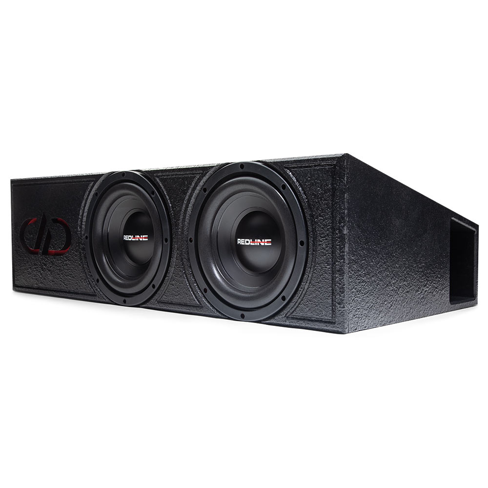PLE SW08.2 Photo front facing angled left back to show port, two SW08 subwoofers and logo
