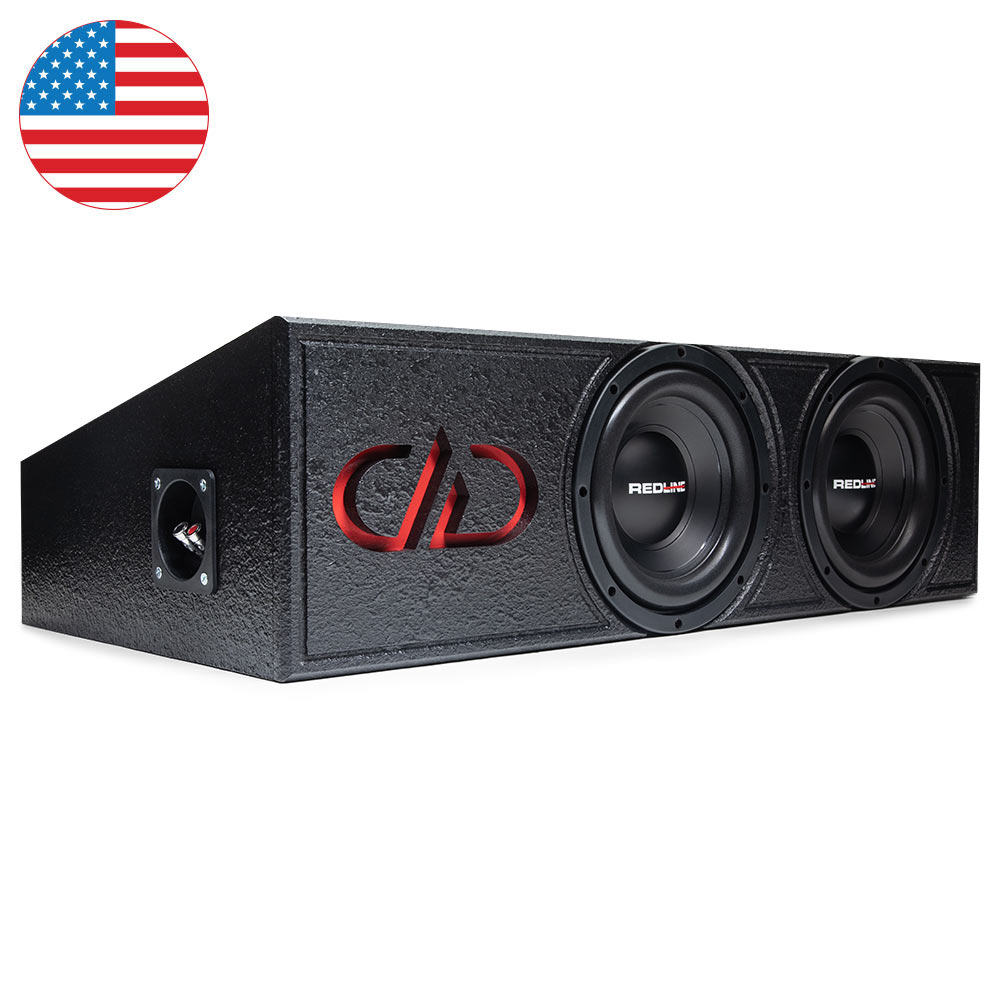 PLE SW08.2 Photo front facing angled right back to show connectors, logo, and two SW08 subwoofers with US Flag icon to indicate this the enclosure itself is made in USA.