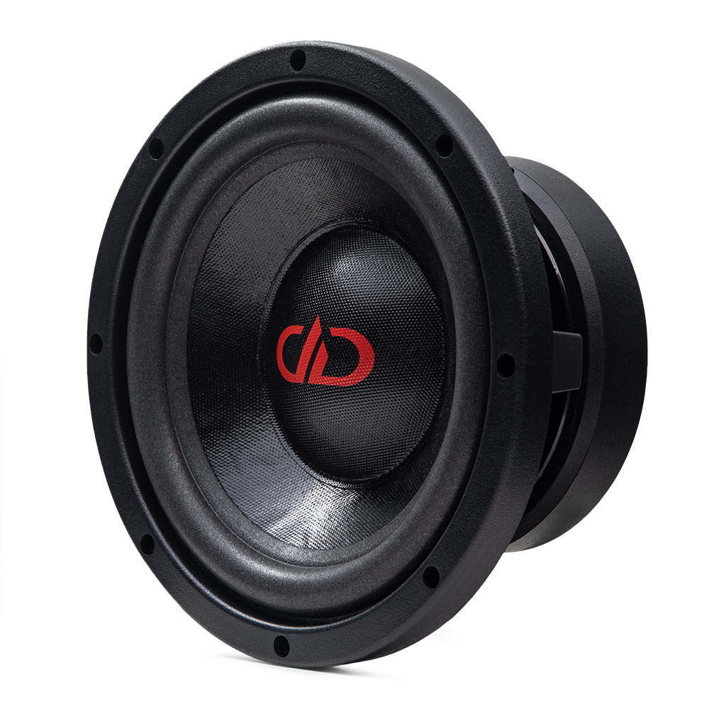 8 inch VO Series mid woofer angled right side showing dust cap, cone, surround, basket and motor