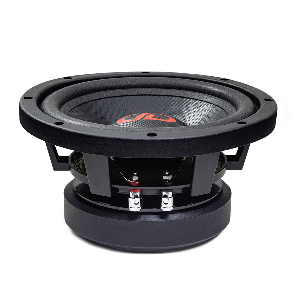 8 inch VO Series mid woofer with motor flat on surface, slightly angled showing surround cone and dust cap and logo