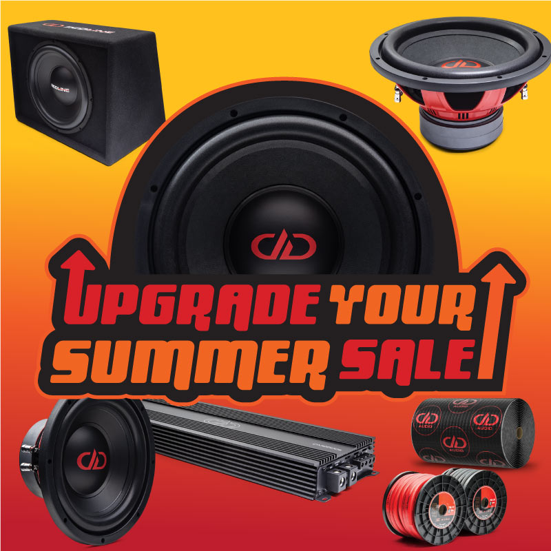 Sale graphic with text "Upgrade Your Summer Sale" surrounded by various audio equipment.