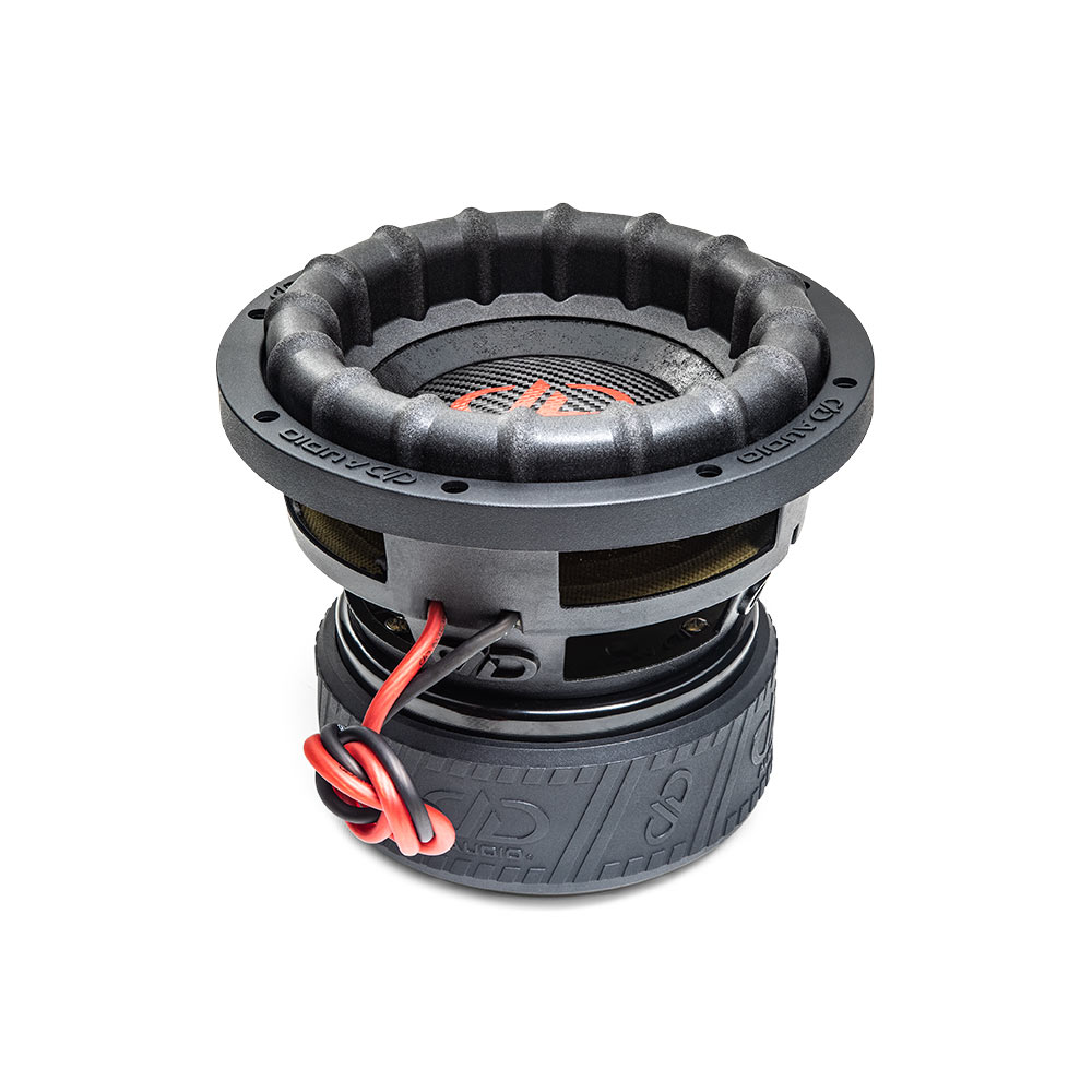 8 inch 2508g subwoofer with motor flat on surface, slightly angled showing surround cone and dust cap and logo