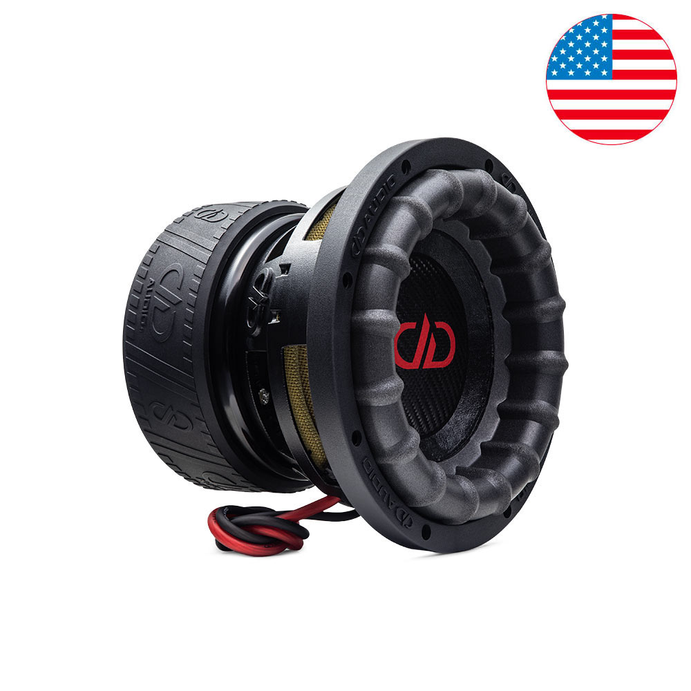 8 inch 2508 subwoofer angled right showing motor coil basket and surround with USA flag icon