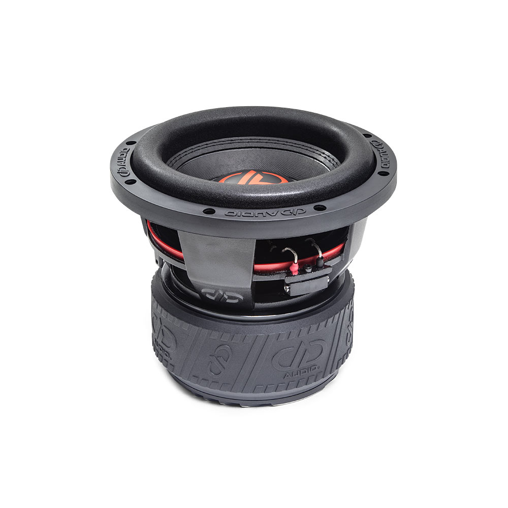 8 inch 600 series subwoofer with motor flat on surface, slightly angled showing surround cone and dust cap and logo