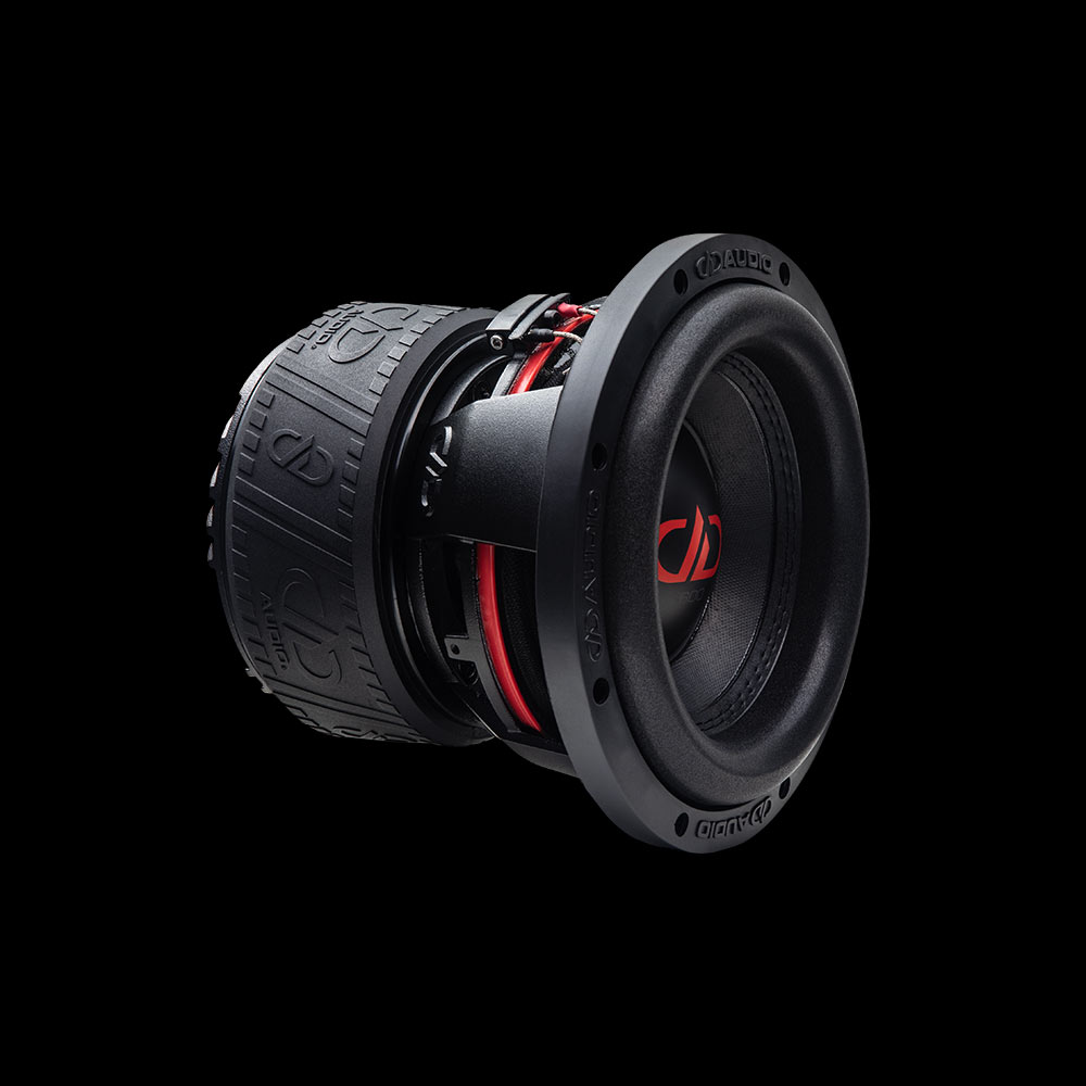 8 inch 600 Series subwoofer angled right side showing dust cap, cone, surround, basket and motor