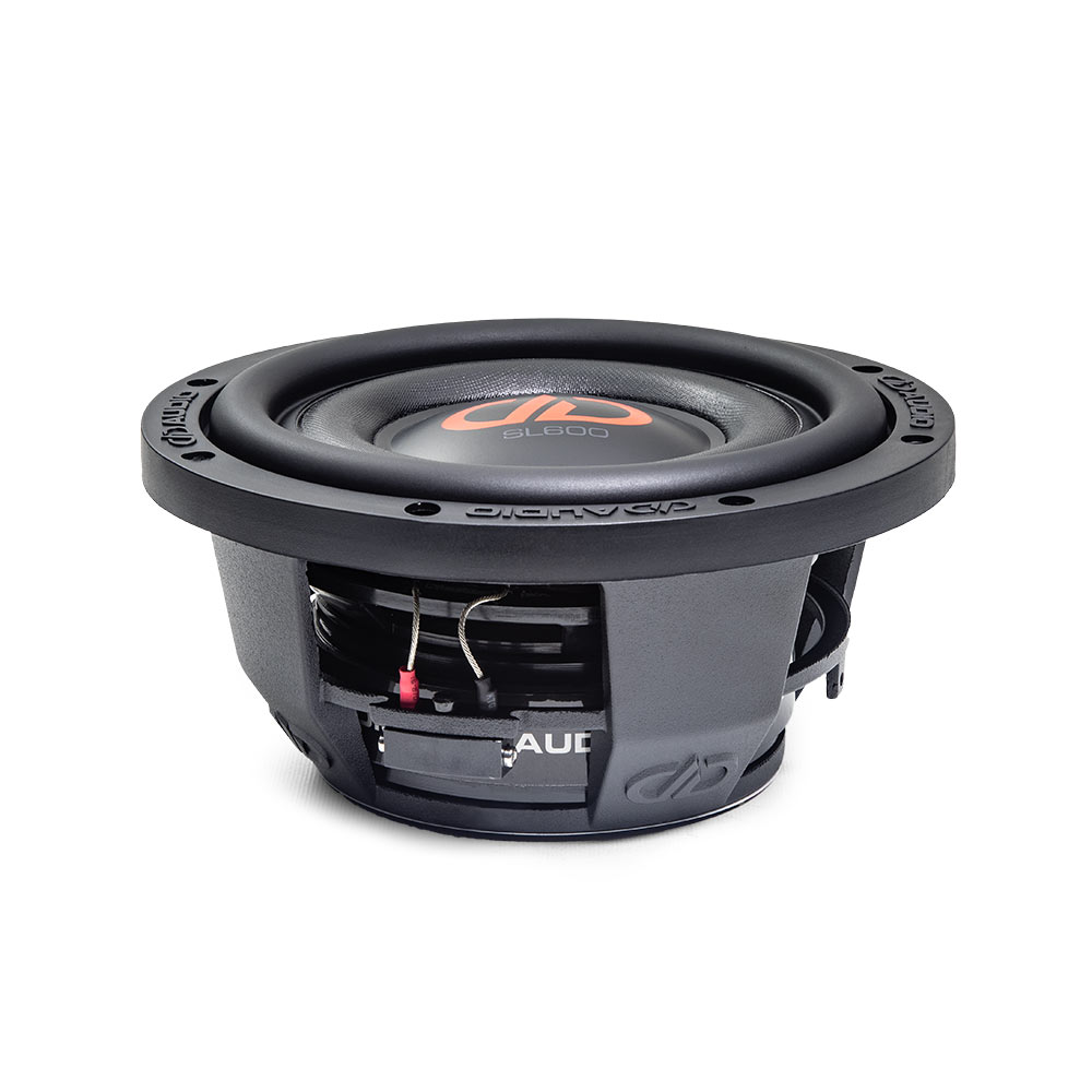 8 inch SL Slim Series Subwoofer with motor flat on surface, slightly angled showing surround cone and dust cap and logo