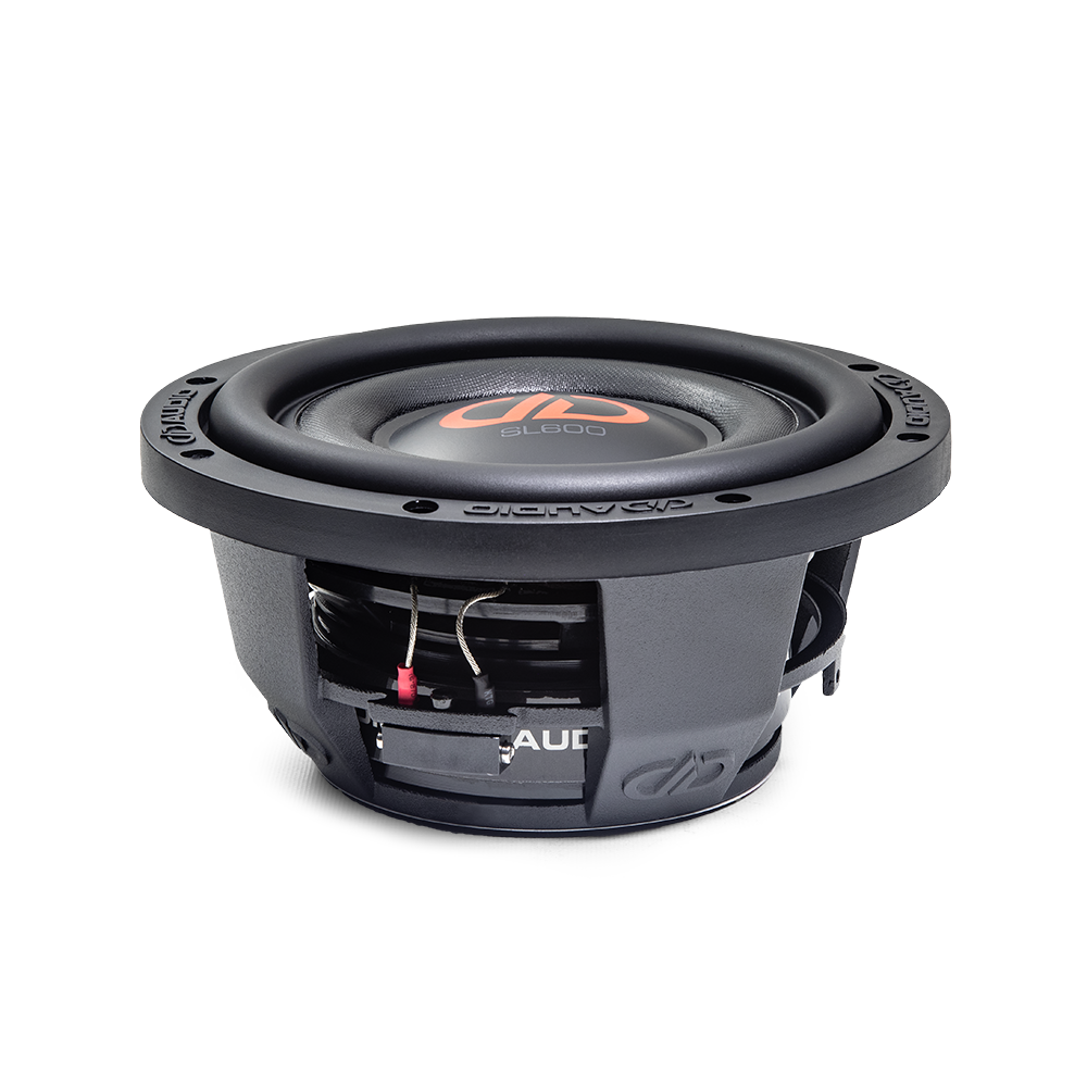 8 inch SL Slim Series Subwoofer with motor flat on surface, slightly angled showing surround cone and dust cap and logo