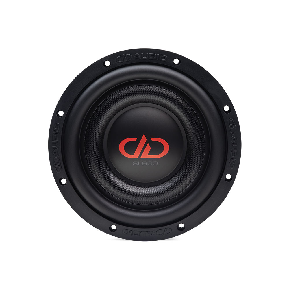 8 inch SL Slim Series Subwoofer front view of logo, dust cap cone and surround