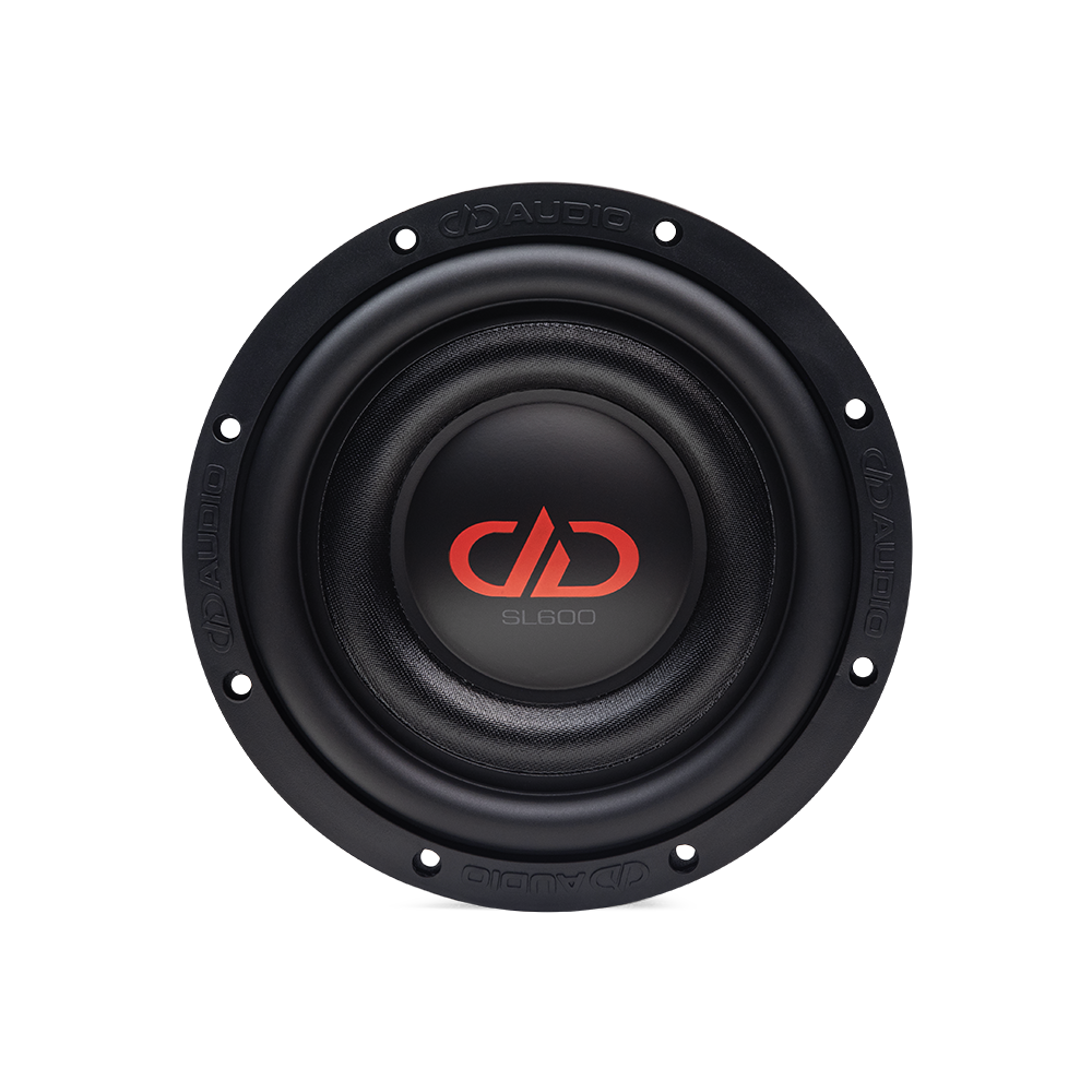 8 inch SL Slim Series Subwoofer front view of logo, dust cap cone and surround