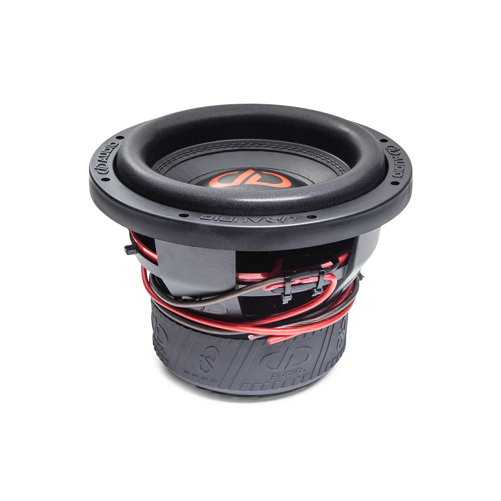 10 inch 610f subwoofer with motor flat on surface, slightly angled showing surround cone and dust cap and logo