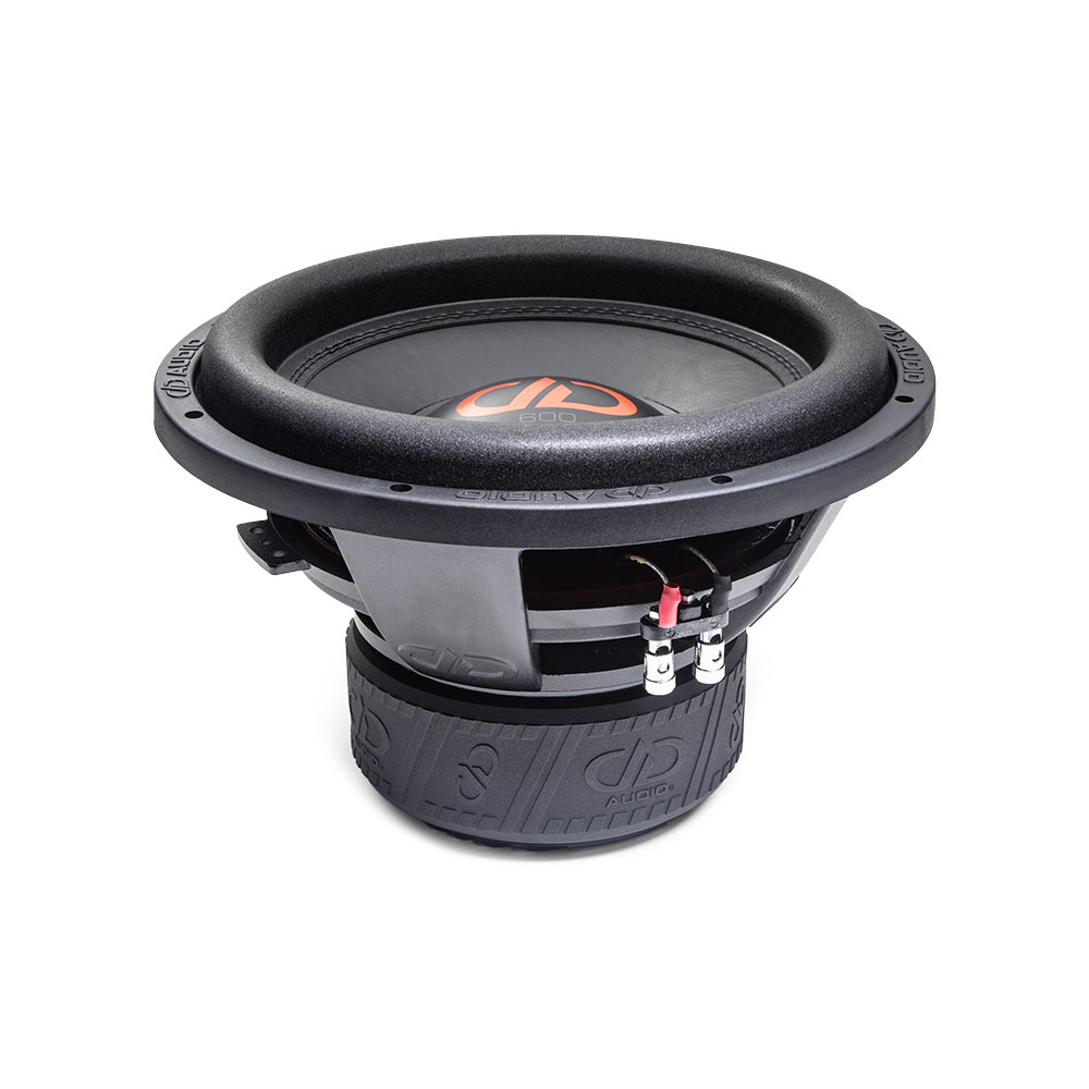 12 inch 612f subwoofer with motor flat on surface, slightly angled showing surround cone and dust cap and logo