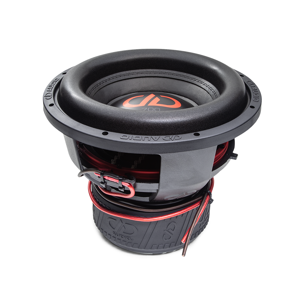 12 inch 712f subwoofer with motor flat on surface, slightly angled showing surround cone and dust cap and logo