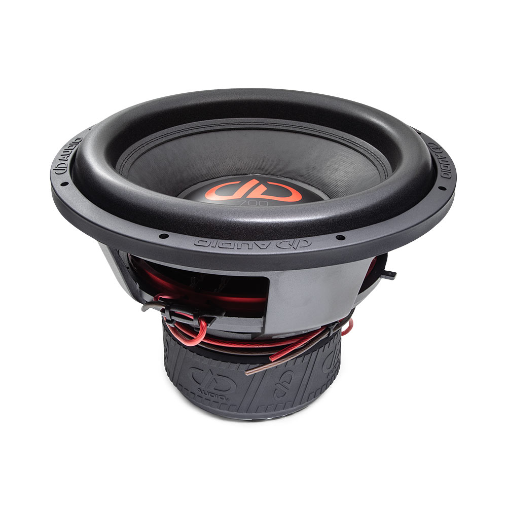 15 inch 715f subwoofer with motor flat on surface, slightly angled showing surround cone and dust cap and logo