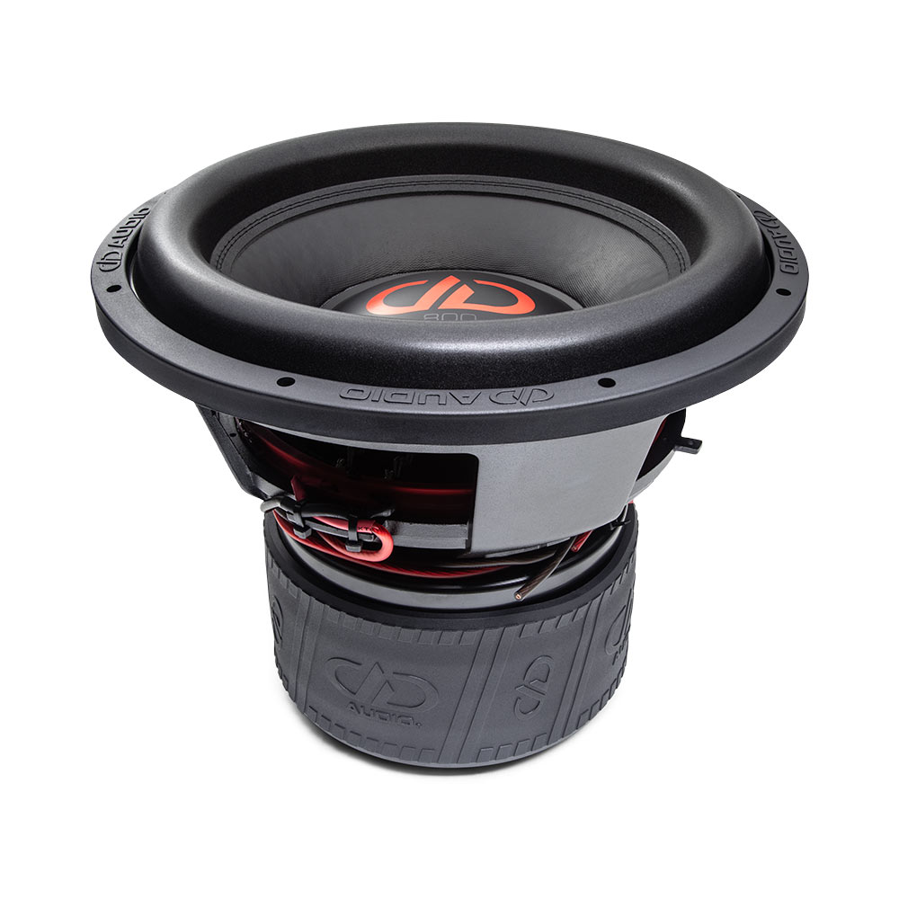 15 inch 815f subwoofer with motor flat on surface, slightly angled showing surround cone and dust cap and logo