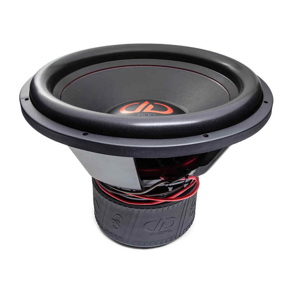 18 inch 818f subwoofer with motor flat on surface, slightly angled showing surround cone and dust cap and logo