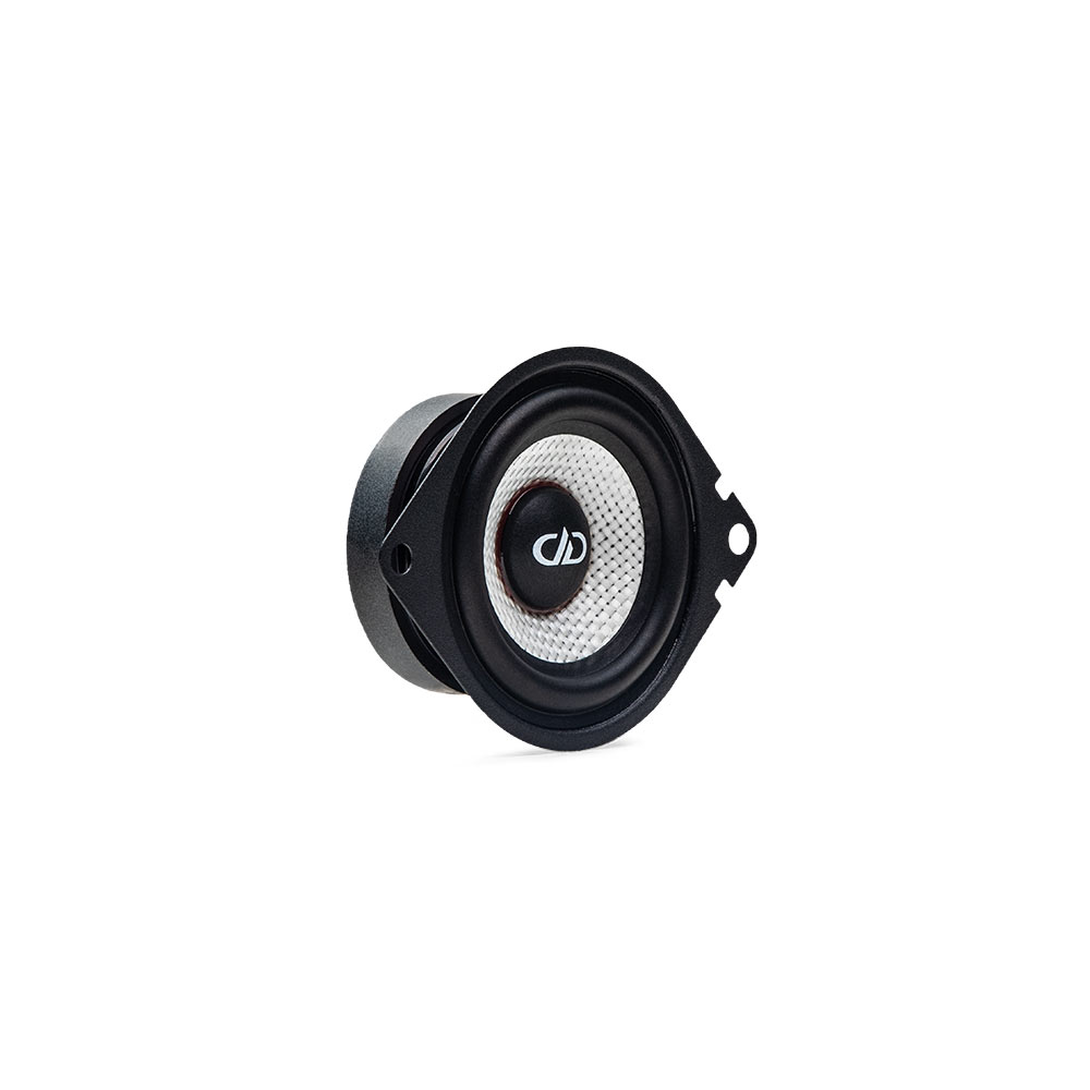 2.75 inch D series Full Range Speaker angled right showing dust cap logo glass composite cone rubber surround frame and motor