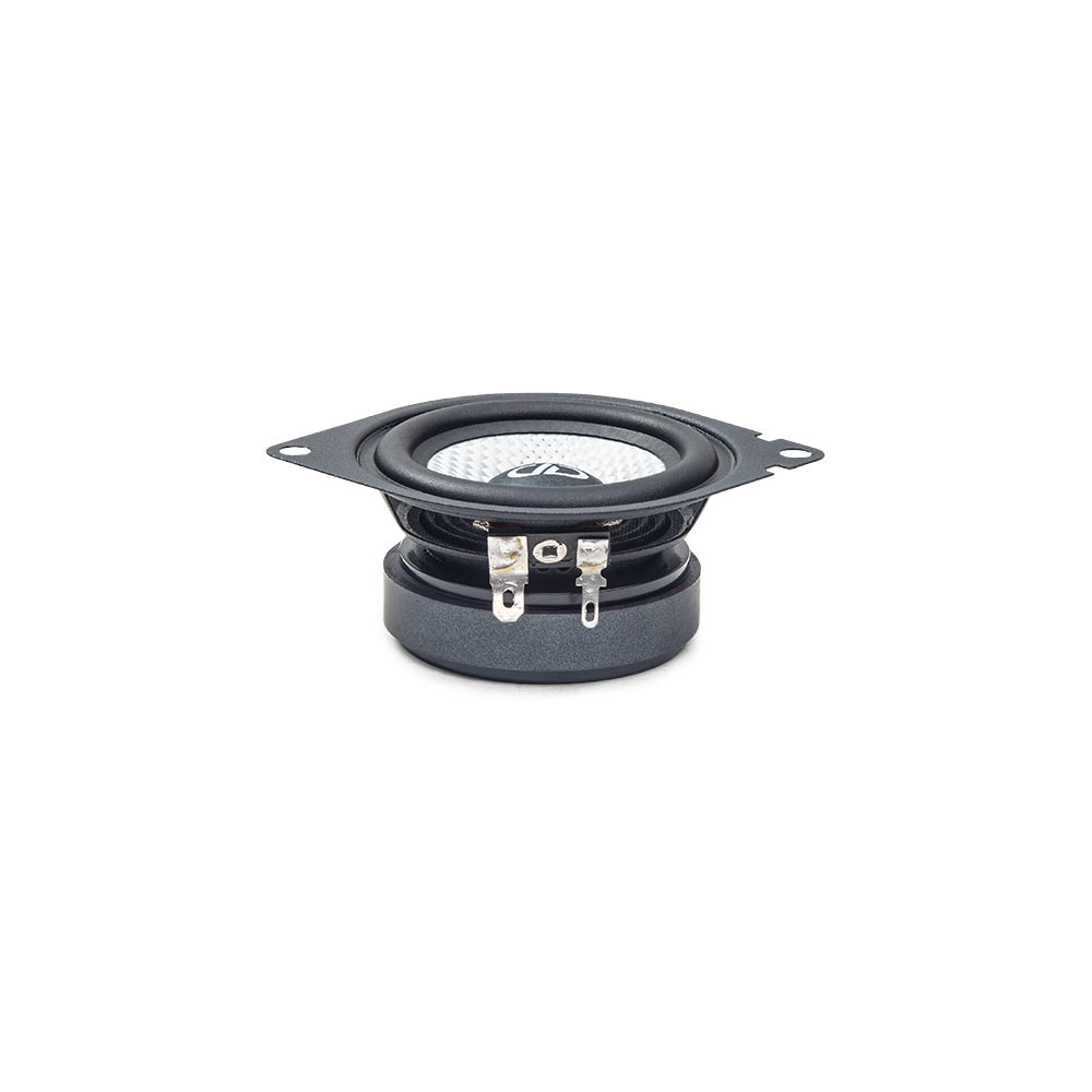 2.75 inch D series Full Range Speaker with motor flat on surface, slightly angled showing surround cone and dust cap and logo