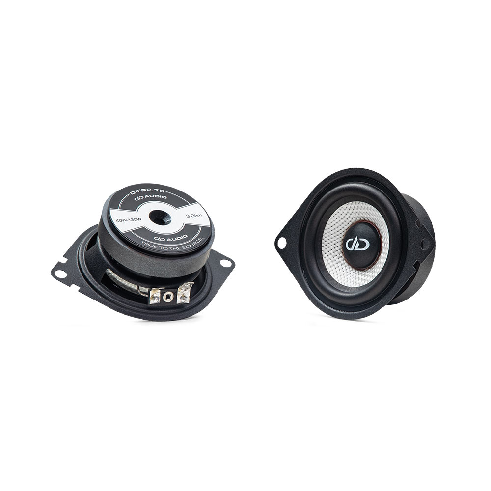 2.75 inch D series Full Range Speaker showing two angles one showing back of motor and the other angled showing dust cap logo surround frame and part of motor
