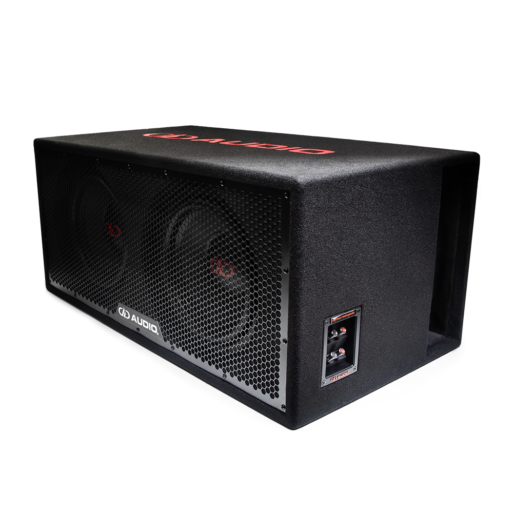 LE-512.2 photo - angled slightly to show connections panel and large rectangular port on side, while still showing both speakers, metal grill, and part of logo embroidery on top