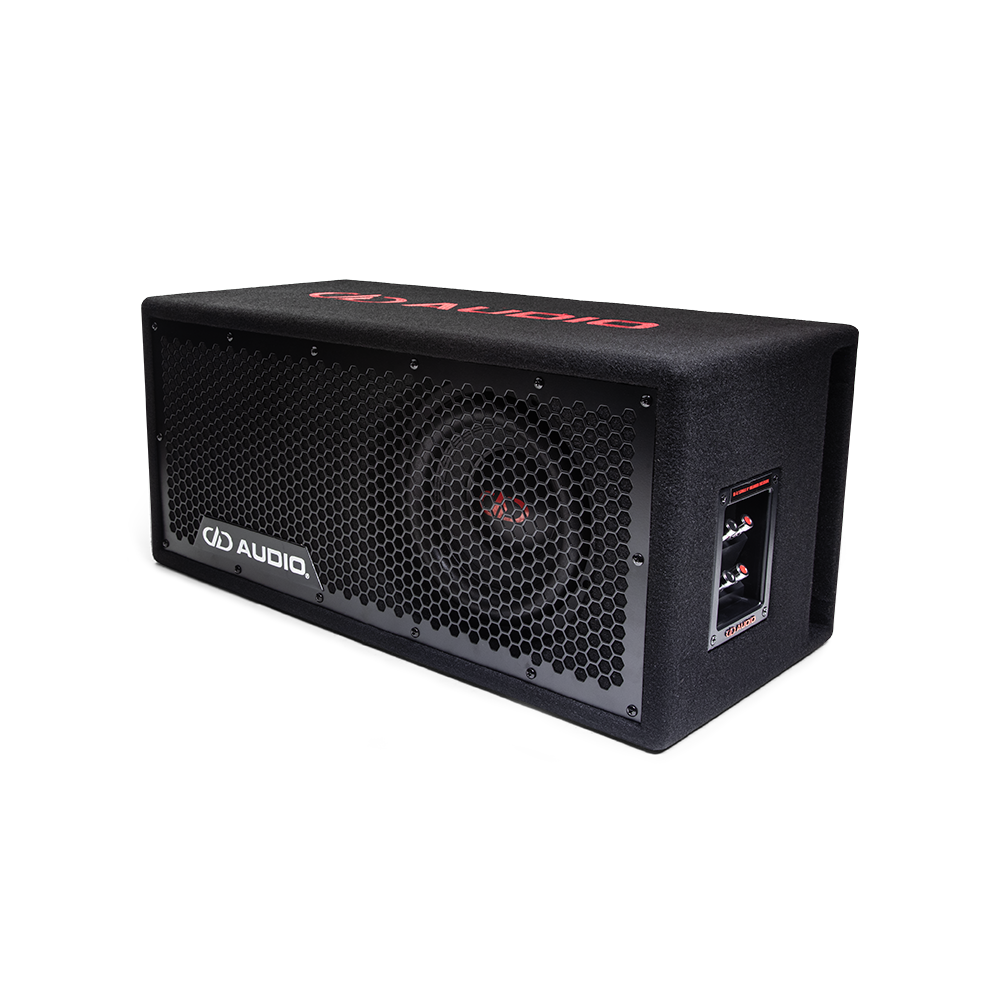 LE-508.1 Photo angled up and to the left showing the full frame protective grill, the single 500 Series 8 inch subwoofer, the side firing port, push connector panel and embroidered logo on the top of the box