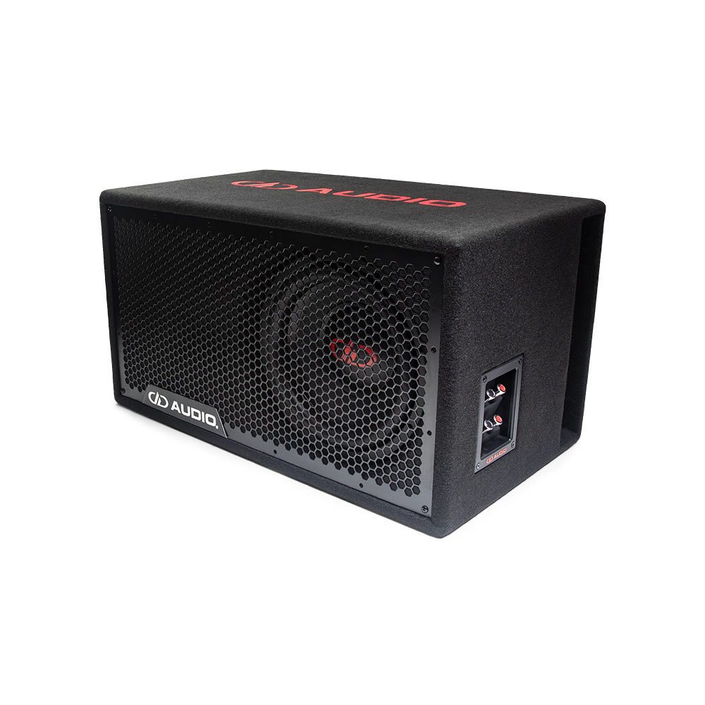 LE-510.1 Photo angled up and to the left showing the full frame protective grill, the single 500 Series 10 inch subwoofer, the side firing port, push connector panel and embroidered logo on the top of the box