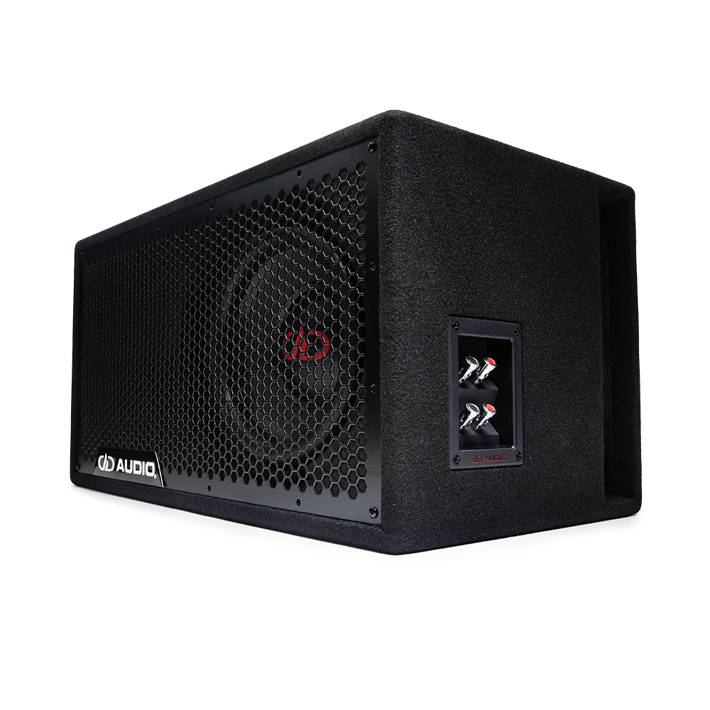LE-510.1 / LE-310.1 Photo angled to the left showing the full frame protective grill, the single 500 Series 10 inch subwoofer, the side firing port, and push connector panel