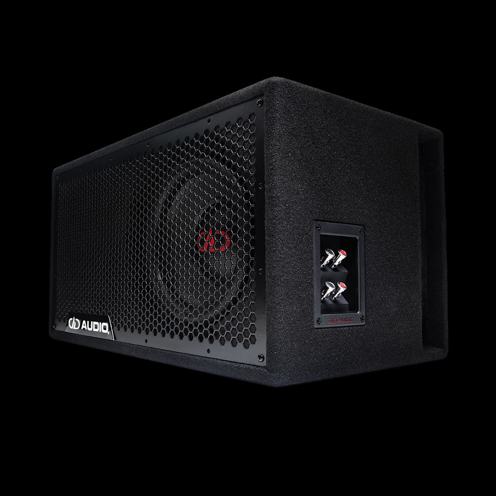 LE-510.1 / LE-310.1 Photo angled to the left showing the full frame protective grill, the single 500 Series 10 inch subwoofer, the side firing port, and push connector panel