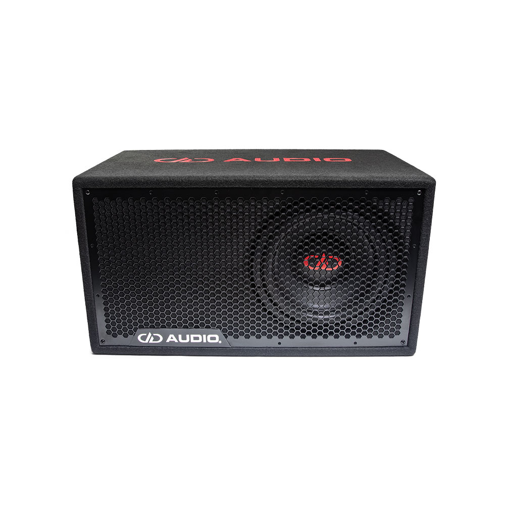 LE-510.1 Photo of the front face showing the protective full frame grill and single 500 Series 10 inch subwoofer, while back angle shows the top which includes an embroidered DD AUDIO logo
