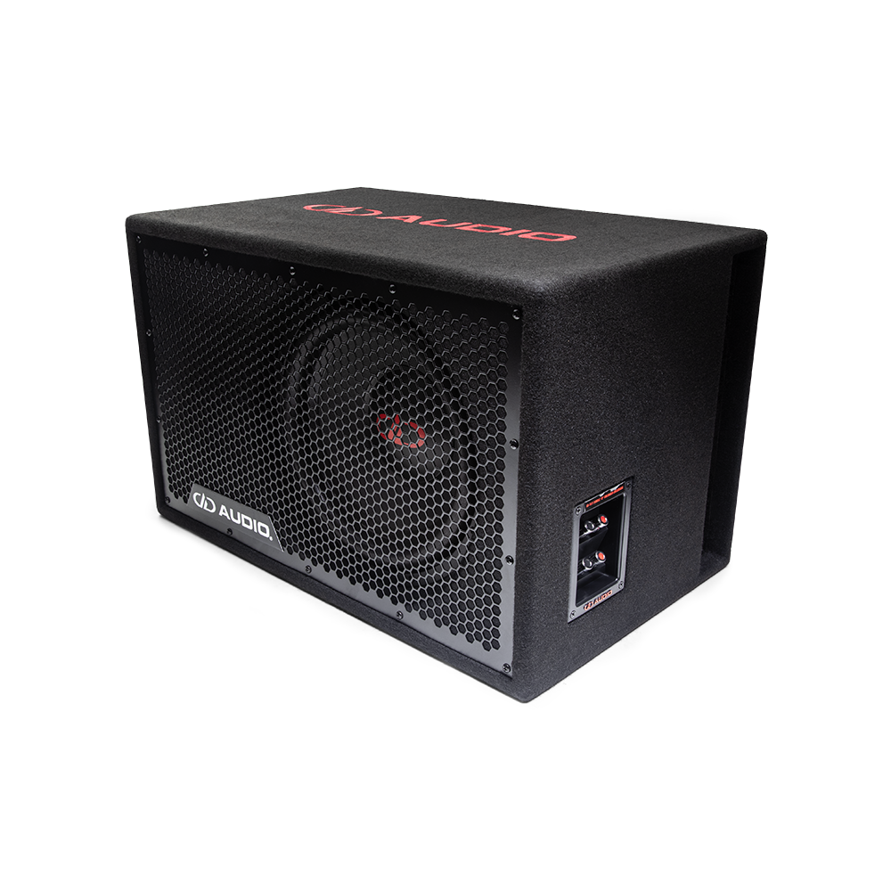LE-512.1 Photo angled up and to the left showing the full frame protective grill, the single 500 Series 12 inch subwoofer, the side firing port, push connector panel and embroidered logo on the top of the box