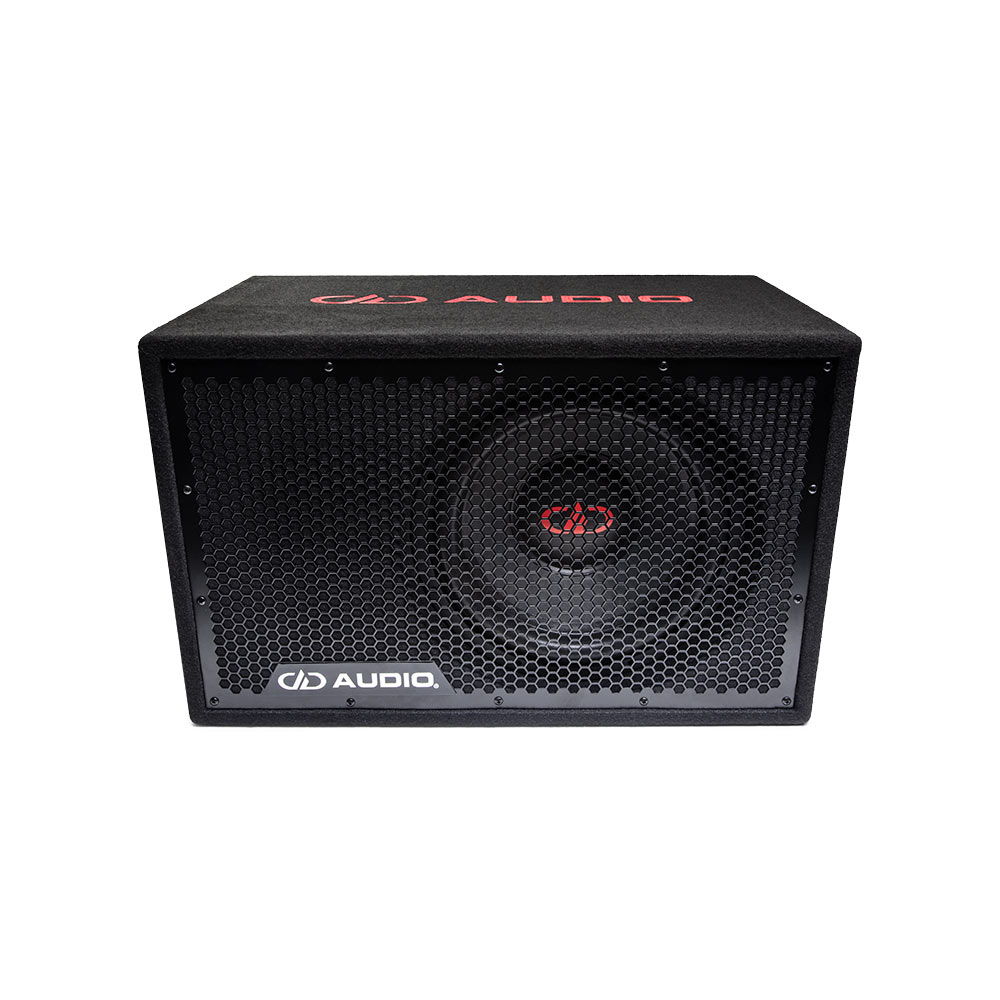 LE-512.1 Photo of the front face showing the protective full frame grill and single 500 Series 12 inch subwoofer, while back angle shows the top which includes an embroidered DD AUDIO logo