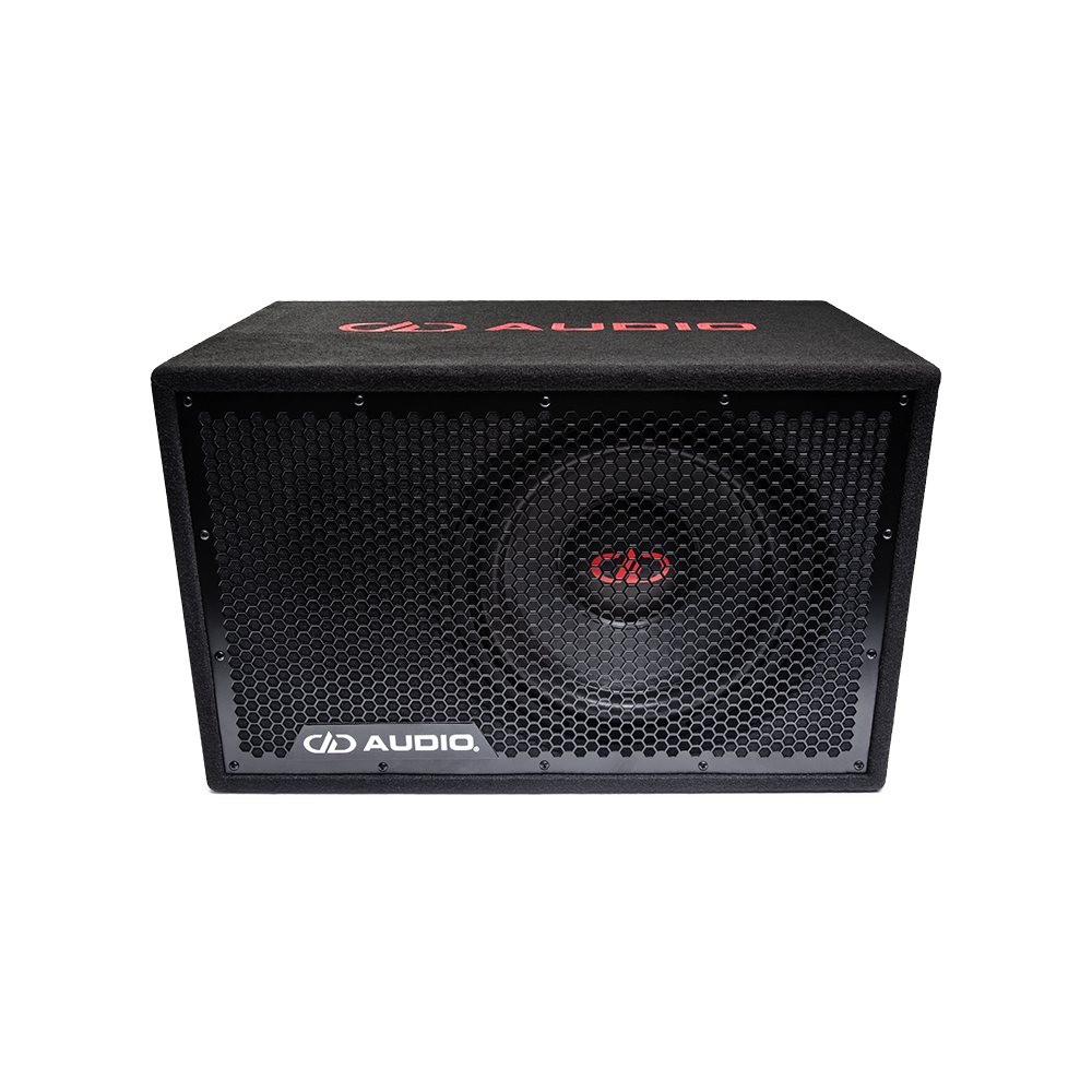 LE-512.1 Photo of the front face showing the protective full frame grill and single 500 Series 12 inch subwoofer, while back angle shows the top which includes an embroidered DD AUDIO logo