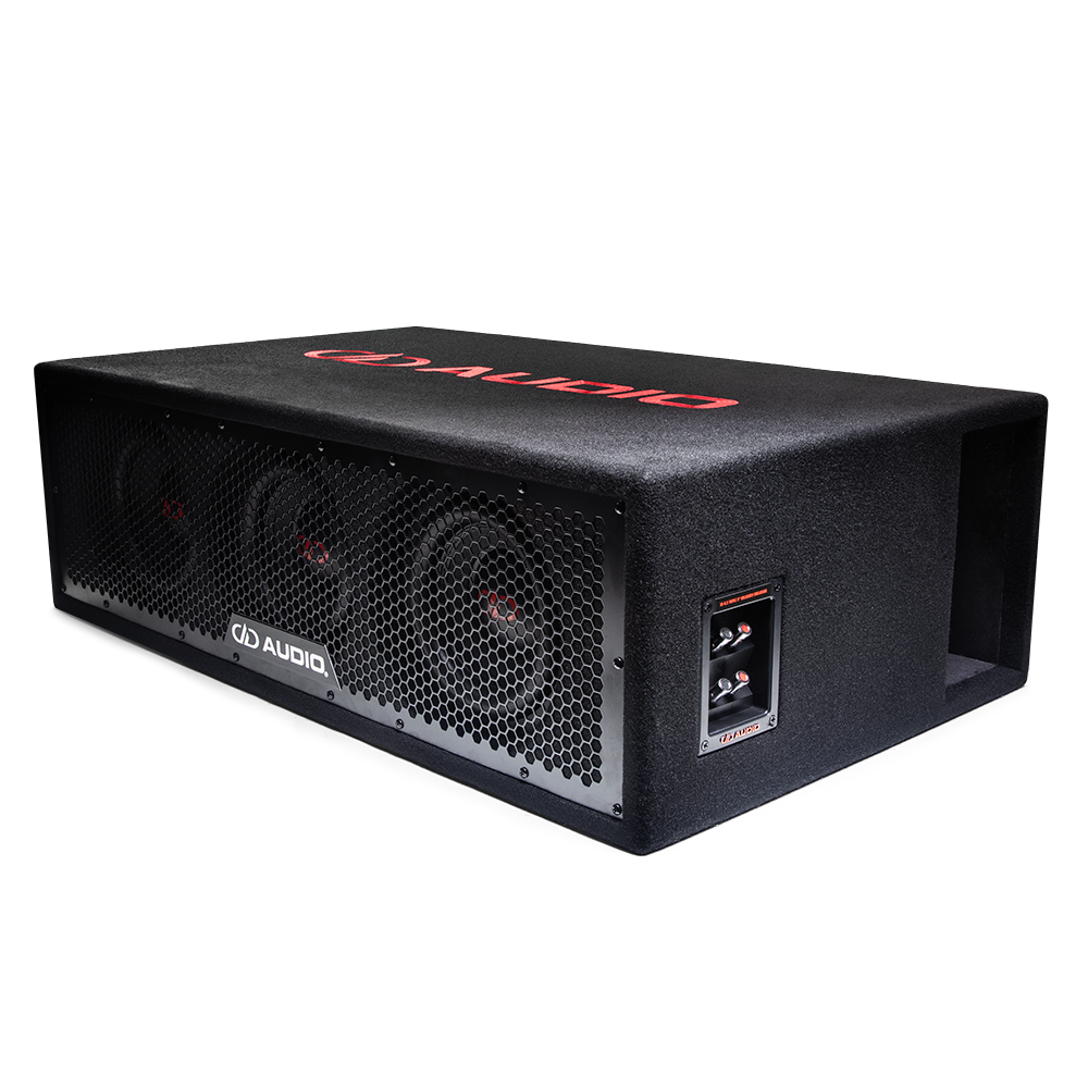 LE-508.3 photo - angled slightly to show connections panel and large rectangular port on side, while still showing all three speakers, metal grill, and part of logo embroidery on top